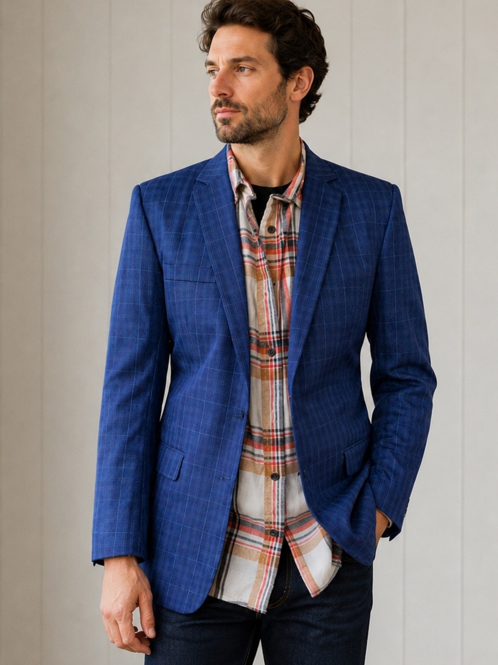 Andrew Fezza Bright Blue Windowpane Blazer Sport Coat Men’s 18R